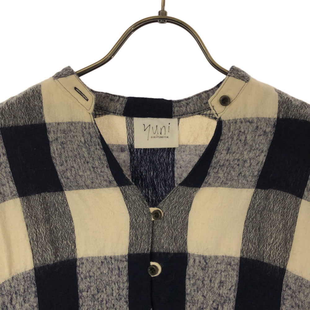 yuni ユニ 日本製 チェック柄 長袖 ロングワンピース F ホワイト×ネイビー リネンブレンド レディース