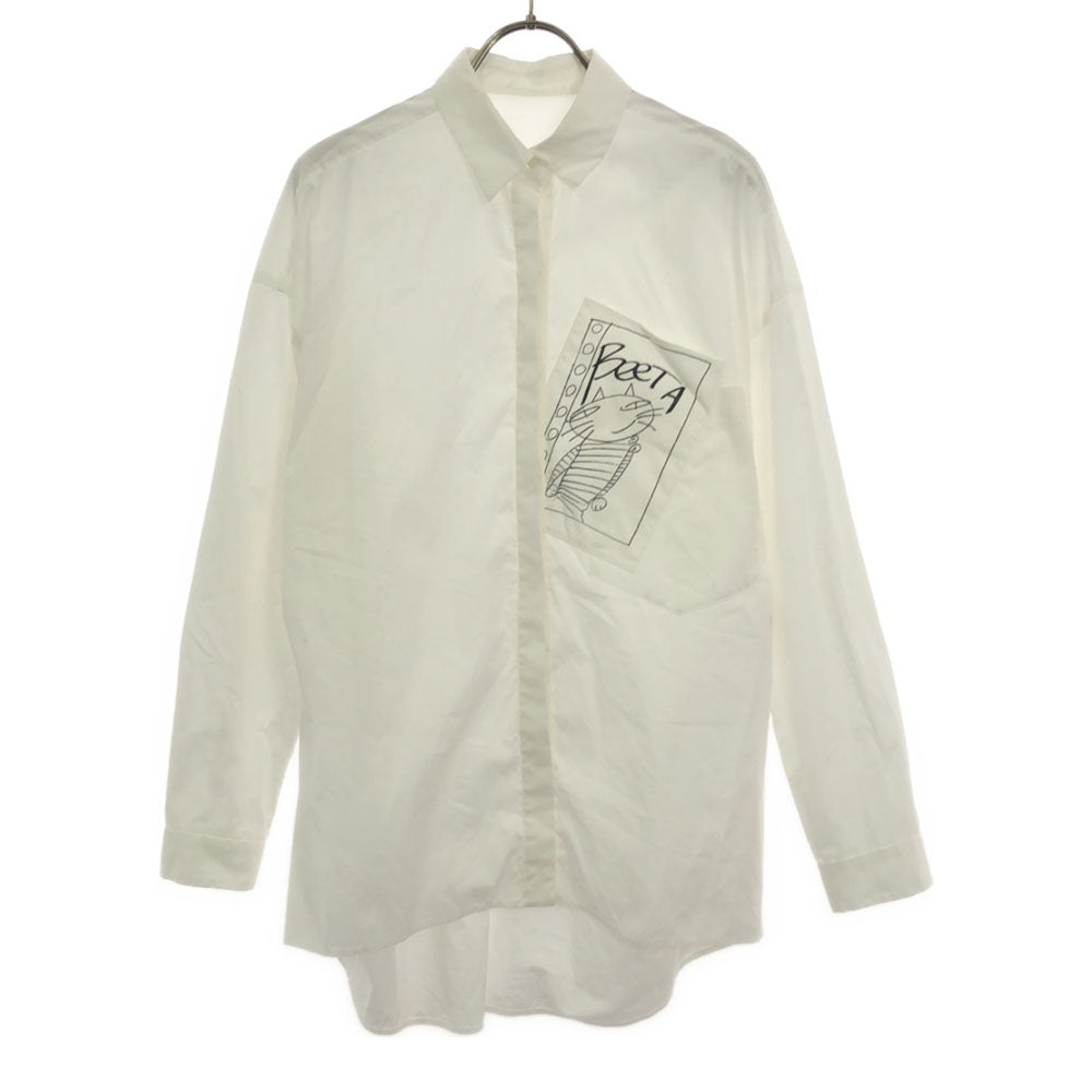 β ベータ 日本製 猫プリント 長袖 シャツ 40 ホワイト フライフロント 胸ポケット レディース