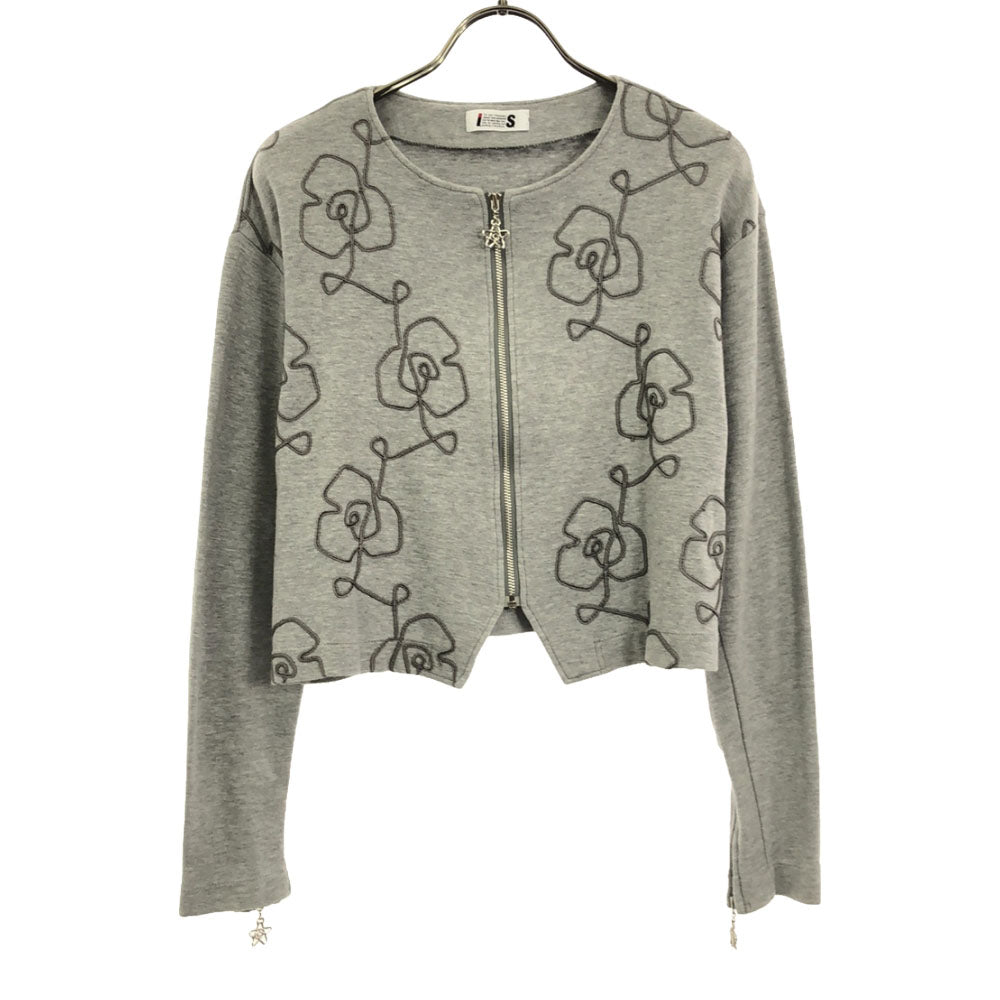 ISSEY MIYAKE イッセイミヤケ I.S. 日本製 花柄 刺繍 スウェット ノーカラージャケット M グレー系 レディース