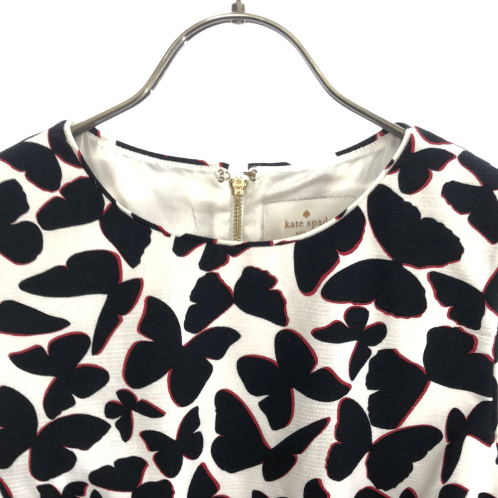 Kate Spade ケイトスペード 総柄 バタフライ ノースリーブ ワンピース 2 ホワイト×ブラック バックジップ レディース