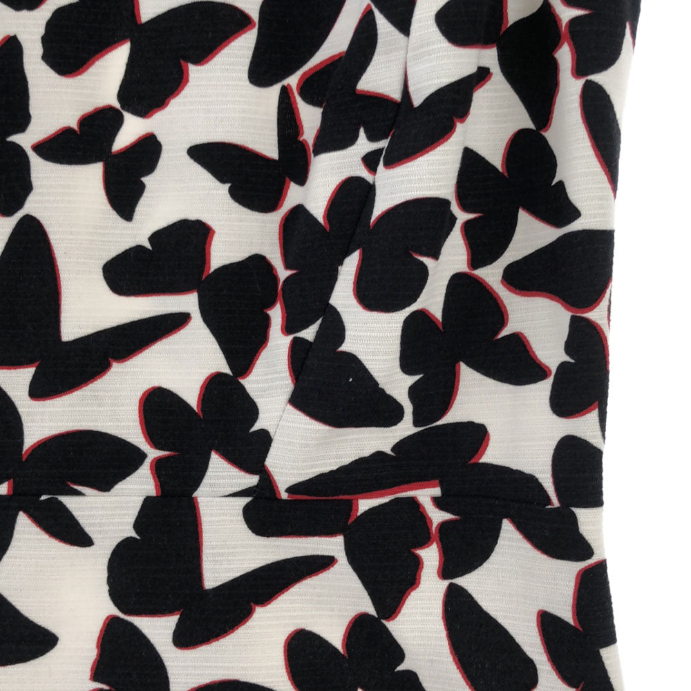 Kate Spade ケイトスペード 総柄 バタフライ ノースリーブ ワンピース 2 ホワイト×ブラック バックジップ レディース