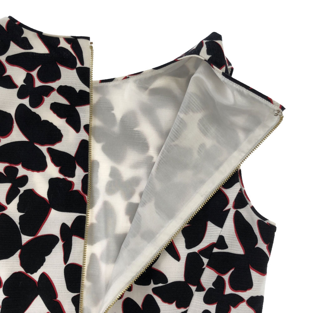 Kate Spade ケイトスペード 総柄 バタフライ ノースリーブ ワンピース 2 ホワイト×ブラック バックジップ レディース