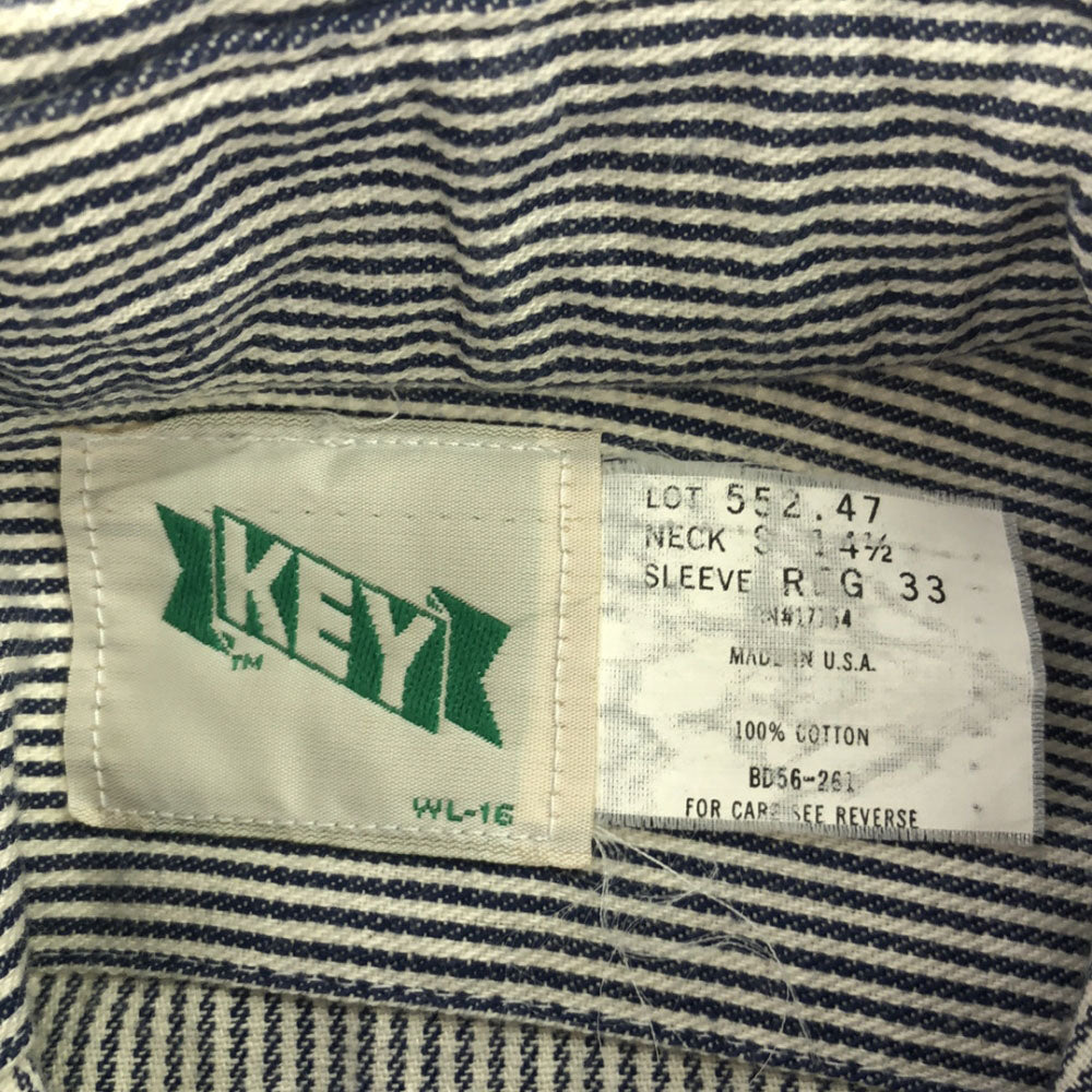 KEY キー 80s USA製 ヒッコリーストライプ 長袖 タロンジップ ワークシャツ S ネイビー×ホワイト ハーフジップ オールド ヴィンテージ メンズ