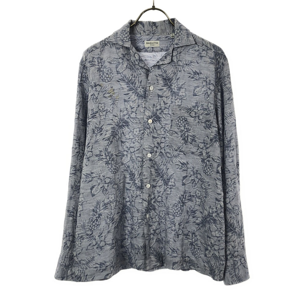 バグッタ リネンブレンド 総柄 長袖 オープンカラーシャツ S ブルー系 Bagutta メンズ