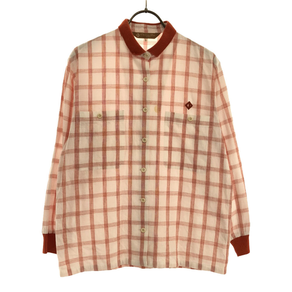 Christian Dior SPORTS クリスチャンディオール スポーツ 80s チェック柄 長袖 クレリック コットンシャツ S ホワイト×オレンジ系 オールド ヴィンテージ レディース
