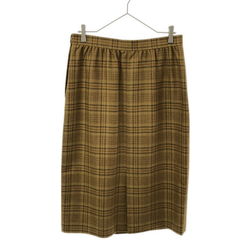 GIVENCHY GLAMOUR ジバンシー グラマー 90s カシミヤブレンド チェック ミモレ丈スカート 15 ライトブラウン系 サイドジップ 裏地付 フロントスリット オールド ヴィンテージ レディース