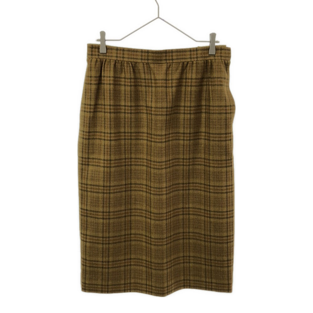 GIVENCHY GLAMOUR ジバンシー グラマー 90s カシミヤブレンド チェック ミモレ丈スカート 15 ライトブラウン系 サイドジップ 裏地付 フロントスリット オールド ヴィンテージ レディース