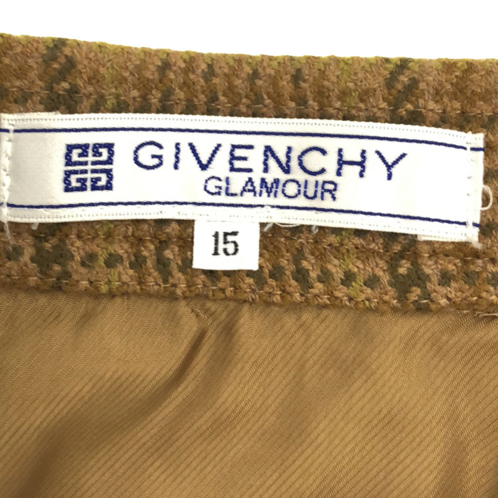 GIVENCHY GLAMOUR ジバンシー グラマー 90s カシミヤブレンド チェック ミモレ丈スカート 15 ライトブラウン系 サイドジップ 裏地付 フロントスリット オールド ヴィンテージ レディース