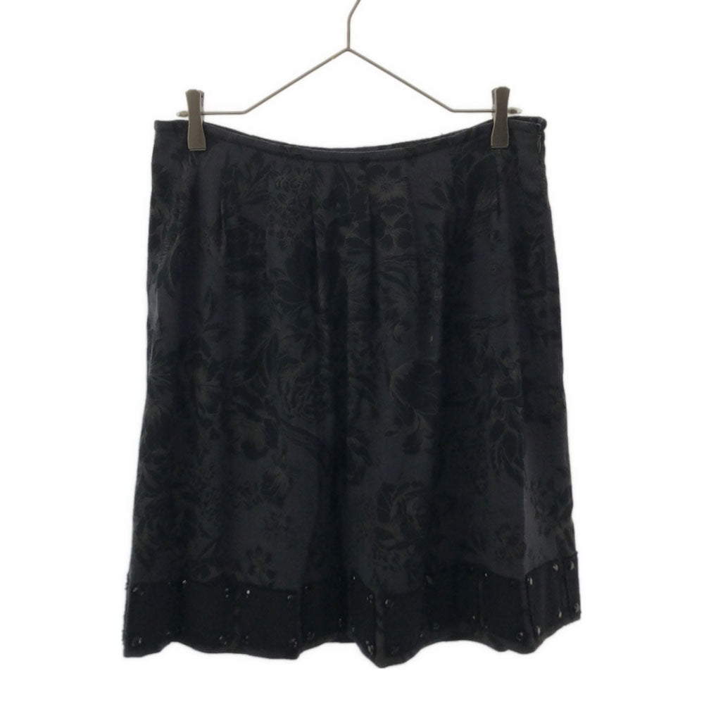 ETRO エトロ イタリア製 花柄 ビーズ装飾 ミディ丈 タック フレアスカート 42 ブラック系 サイドジップ 裏地付き レディース