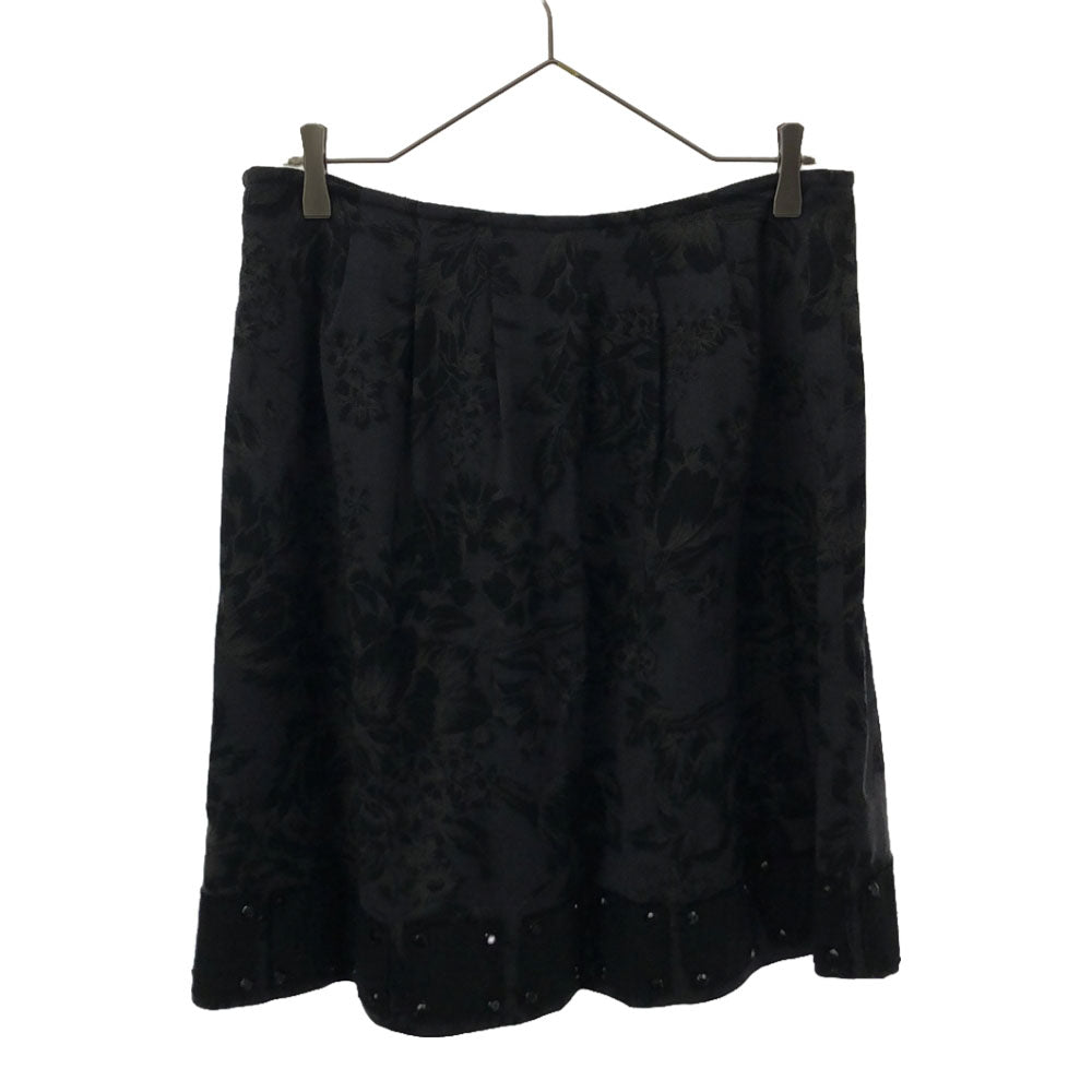 ETRO エトロ イタリア製 花柄 ビーズ装飾 ミディ丈 タック フレアスカート 42 ブラック系 サイドジップ 裏地付き レディース