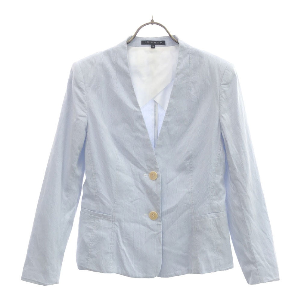 theory セオリー 日本製 ストライプ柄 ノーカラージャケット 2 ブルー×ホワイト レディース