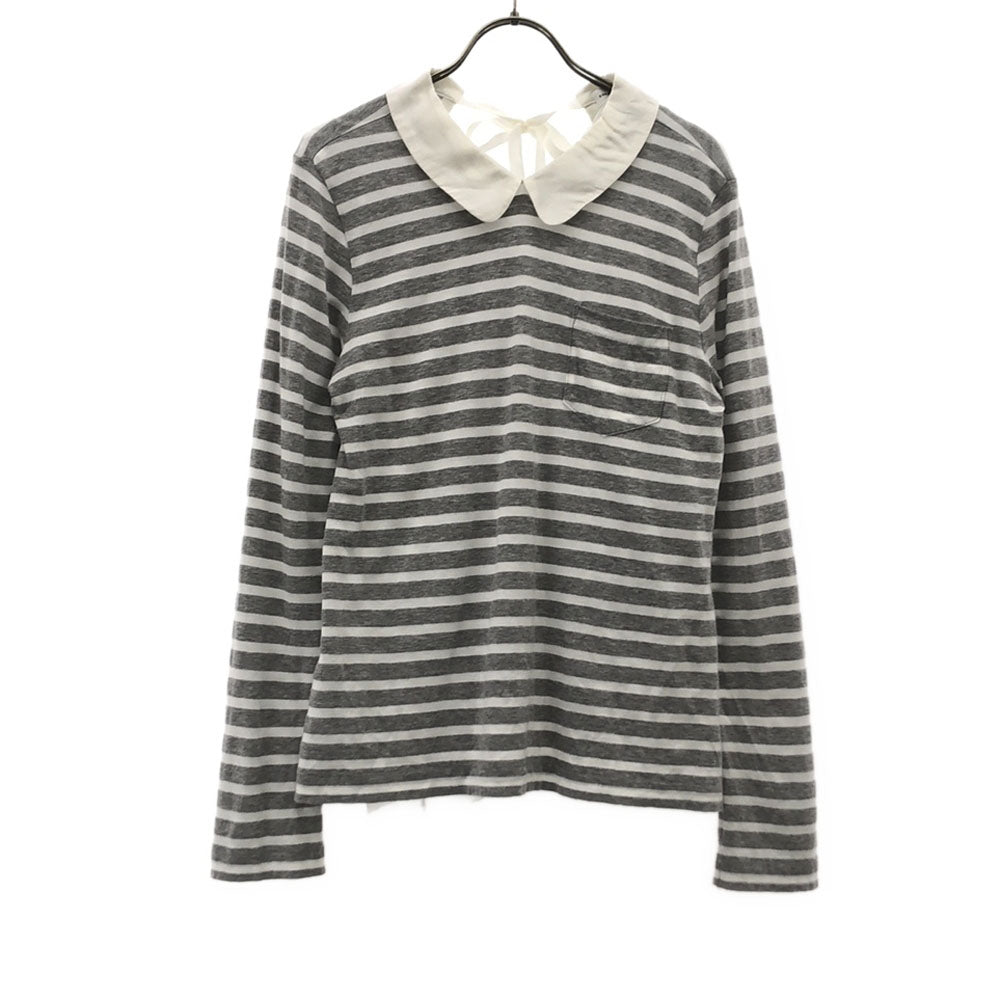 sacai luck サカイラック 日本製 ボーダー柄 長袖 バックリボン カットソー 2 グレー×ホワイト 裏地チュール 襟付き レディース