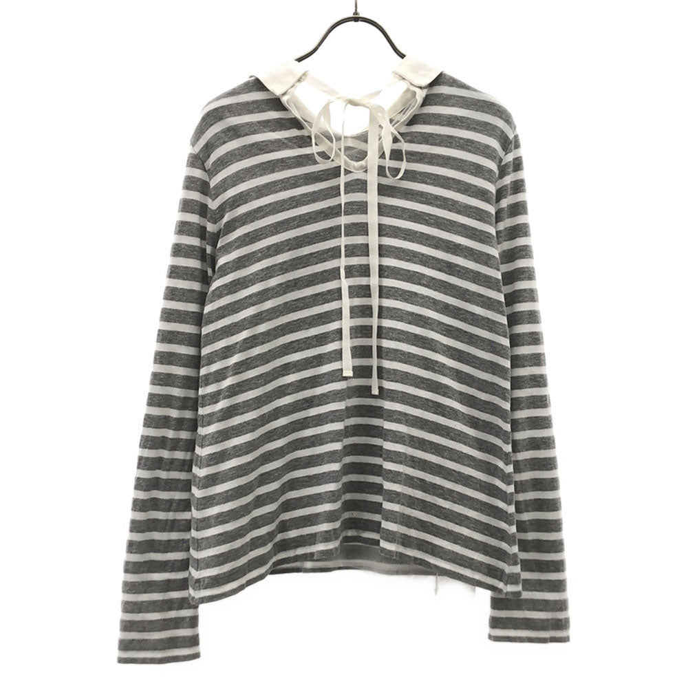 sacai luck サカイラック 日本製 ボーダー柄 長袖 バックリボン カットソー 2 グレー×ホワイト 裏地チュール 襟付き レディース