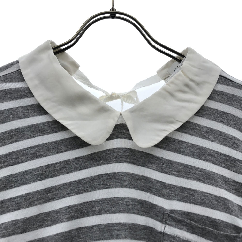 sacai luck サカイラック 日本製 ボーダー柄 長袖 バックリボン カットソー 2 グレー×ホワイト 裏地チュール 襟付き レディース