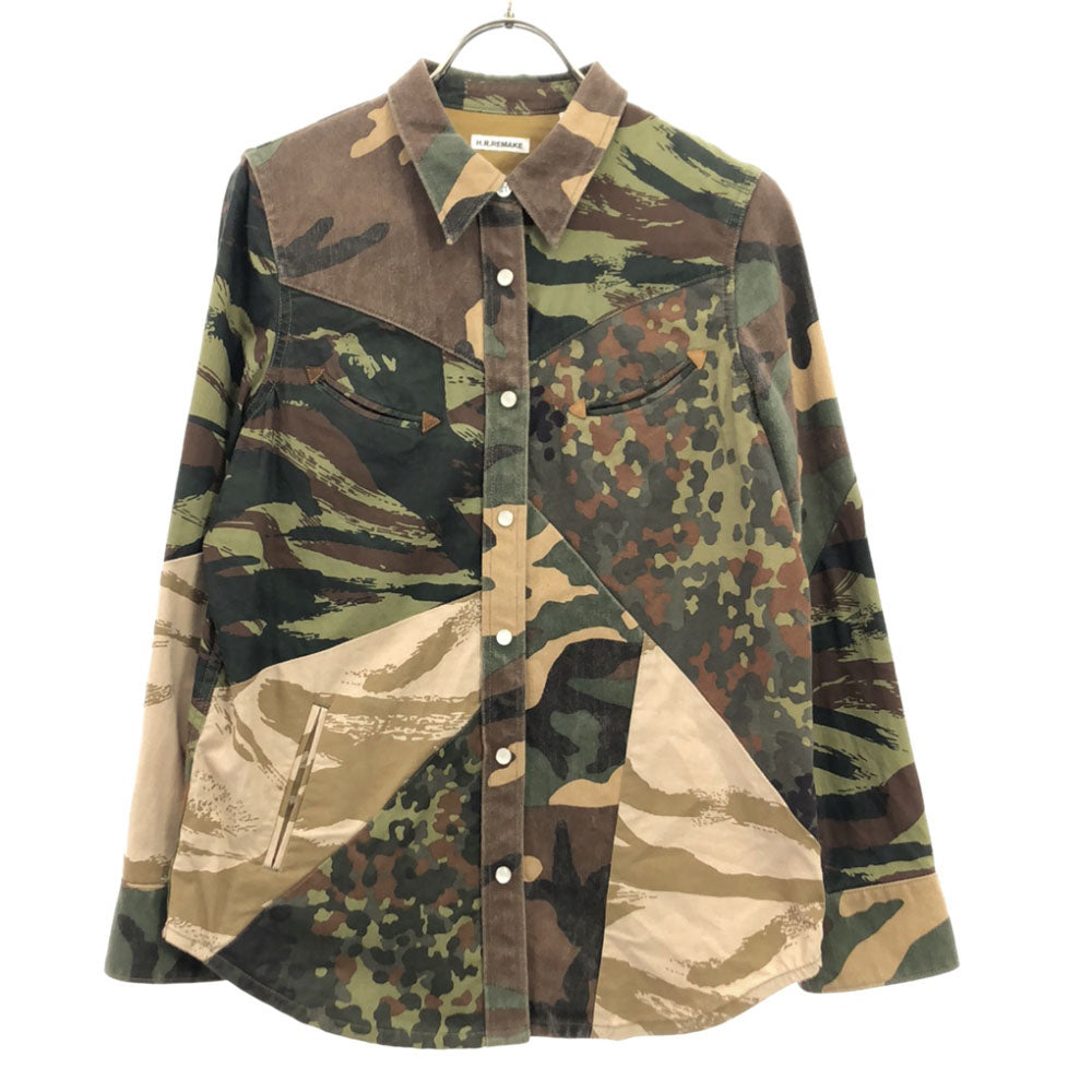 H.R.REMAKE エイチアールリメイク 日本製 迷彩 カモフラ 長袖 ミリタリーシャツ M カーキ系 ハリウッドランチマーケット レディース