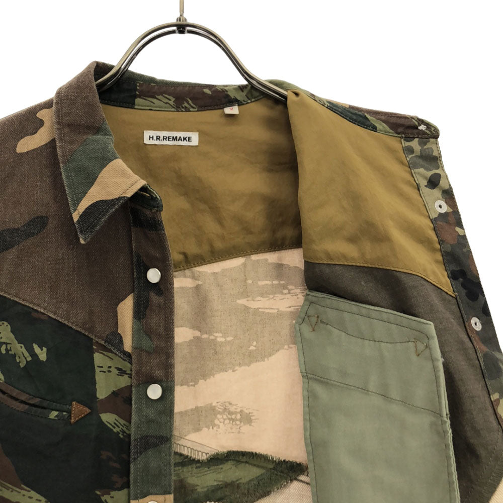 H.R.REMAKE エイチアールリメイク 日本製 迷彩 カモフラ 長袖 ミリタリーシャツ M カーキ系 ハリウッドランチマーケット レディース