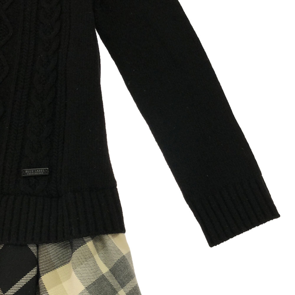 BLUE LABEL CRESTBRIDGE ブルーレーベルクレストブリッジ 三陽商会 チェック柄 長袖 フィッシャーマン 切り替え ニット ワンピース 36 ブラック×ベージュ系 レディース