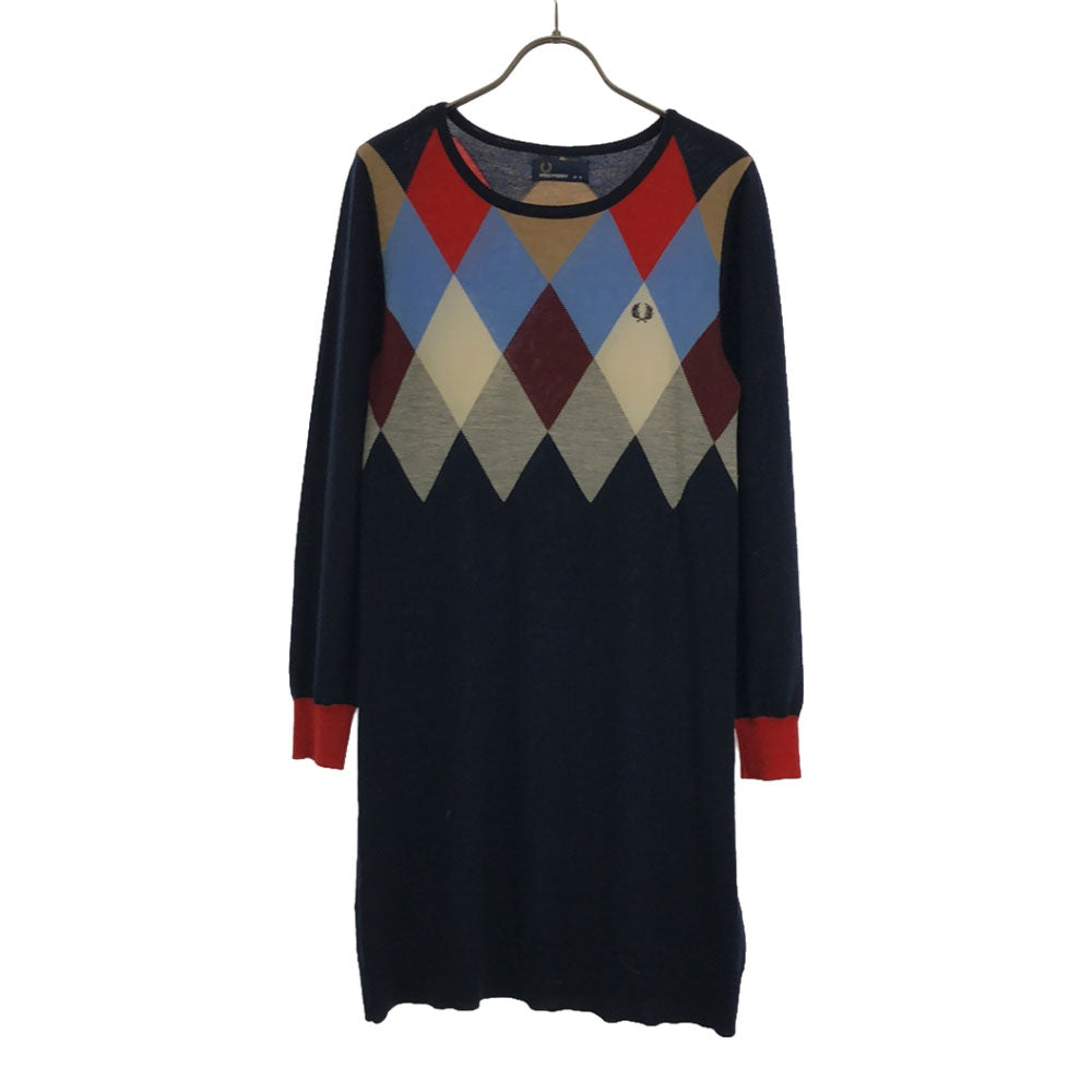 FRED PERRY フレッドペリー ウール アーガイル柄 長袖 ニット ワンピース 8 ネイビー系 レディース