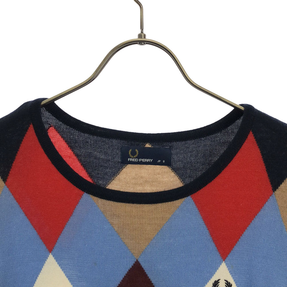 FRED PERRY フレッドペリー ウール アーガイル柄 長袖 ニット ワンピース 8 ネイビー系 レディース