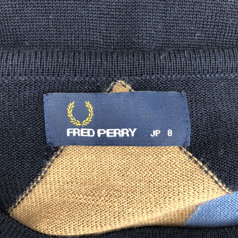 FRED PERRY フレッドペリー ウール アーガイル柄 長袖 ニット ワンピース 8 ネイビー系 レディース