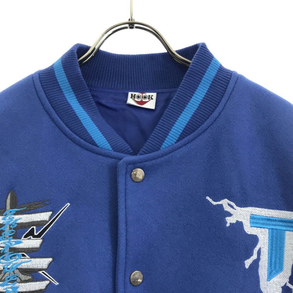 HOOK フック ロゴ刺繍 スタジャン L ブルー系×ホワイト PUレザー バック刺繍 裏地付き 配色切り替え メンズ