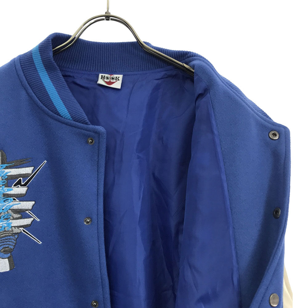 HOOK フック ロゴ刺繍 スタジャン L ブルー系×ホワイト PUレザー バック刺繍 裏地付き 配色切り替え メンズ