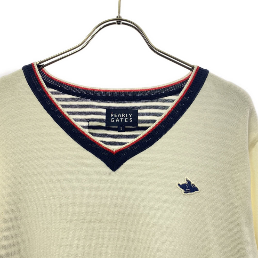 PEARLY GATES パーリーゲイツ 日本製 ボーダー ゴルフ 長袖 Vネック コットンニット セーター 5 ホワイト系 メンズ