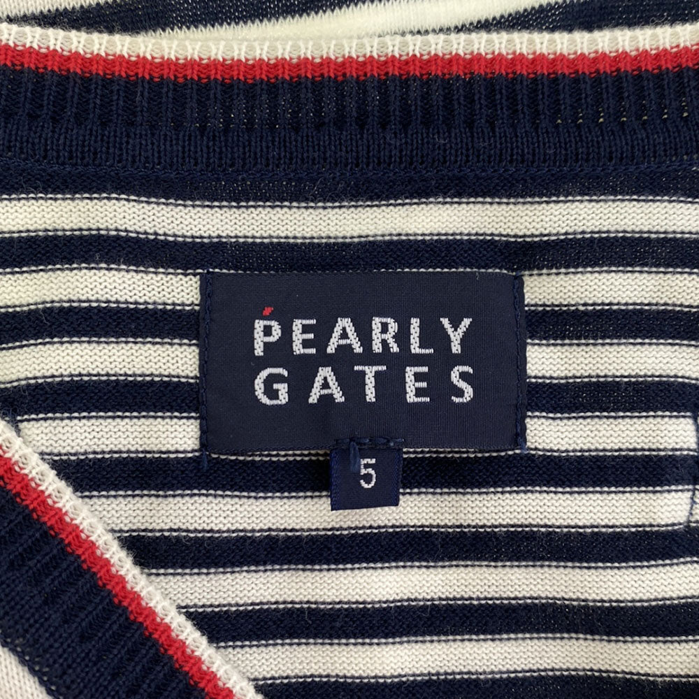 PEARLY GATES パーリーゲイツ 日本製 ボーダー ゴルフ 長袖 Vネック コットンニット セーター 5 ホワイト系 メンズ