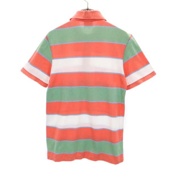 LACOSTE ラコステ ボーダー柄 ロゴ刺繍 半袖 ポロシャツ 2 オレンジ×黄緑×白×水色 鹿の子 メンズ