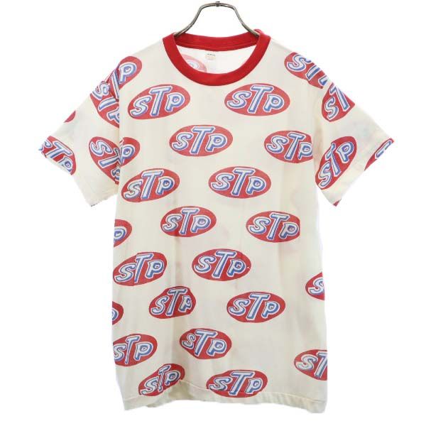 70s USA製 デッドストック STP ロゴ 総柄 プリント 半袖 Tシャツ M オフホワイト メンズ