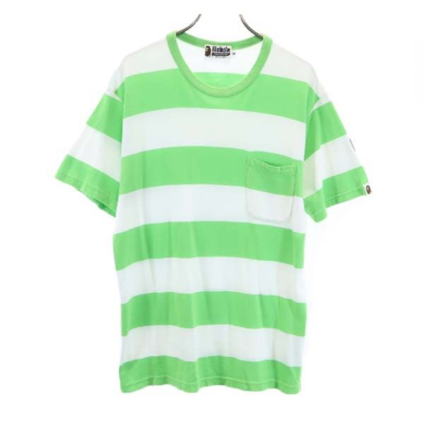 A BATHING APE アベイシングエイプ 日本製 ボーダー 半袖 Tシャツ M 黄緑x白 ベイプ ポケット メンズ