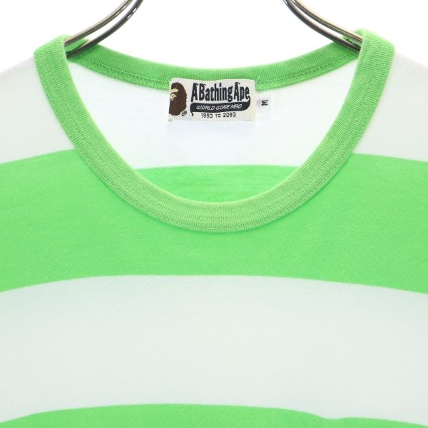 A BATHING APE アベイシングエイプ 日本製 ボーダー 半袖 Tシャツ M 黄緑x白 ベイプ ポケット メンズ