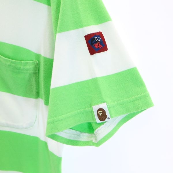 A BATHING APE アベイシングエイプ 日本製 ボーダー 半袖 Tシャツ M 黄緑x白 ベイプ ポケット メンズ