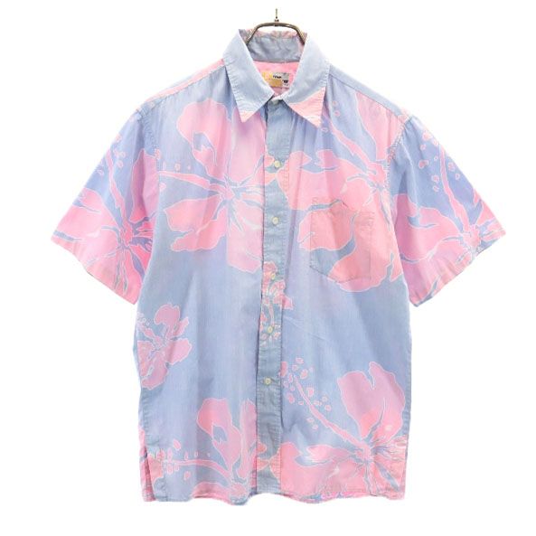 reyn spooner レインスプーナー 70s 金タグ リバースプリント ハイビスカス柄 半袖 アロハシャツ M 水色×ピンク メンズ