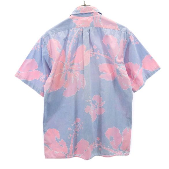 reyn spooner レインスプーナー 70s 金タグ リバースプリント ハイビスカス柄 半袖 アロハシャツ M 水色×ピンク メンズ