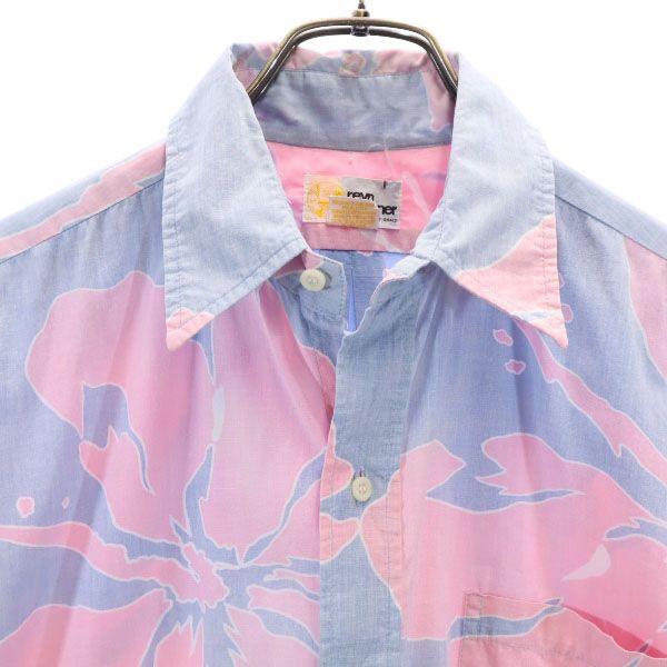 reyn spooner レインスプーナー 70s 金タグ リバースプリント ハイビスカス柄 半袖 アロハシャツ M 水色×ピンク メンズ