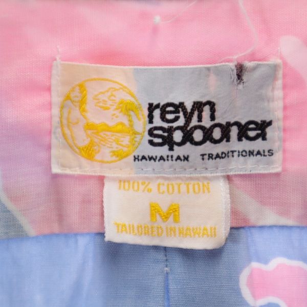 reyn spooner レインスプーナー 70s 金タグ リバースプリント ハイビスカス柄 半袖 アロハシャツ M 水色×ピンク メンズ