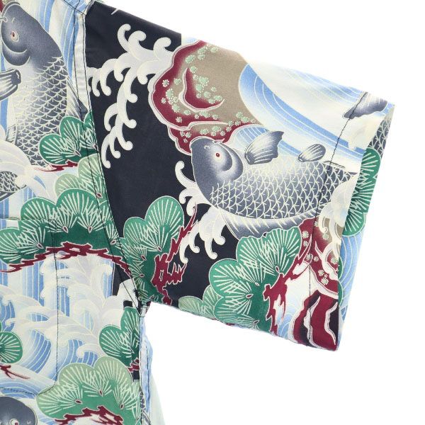 マカナレイ シルク 和柄 半袖 アロハシャツ S ブルー×グリーン系 MAKANALEI 松 鯉 開襟 メンズ