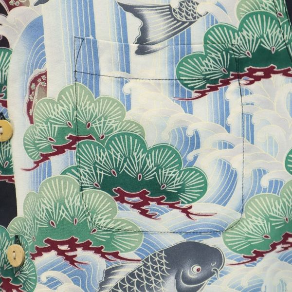 マカナレイ シルク 和柄 半袖 アロハシャツ S ブルー×グリーン系 MAKANALEI 松 鯉 開襟 メンズ