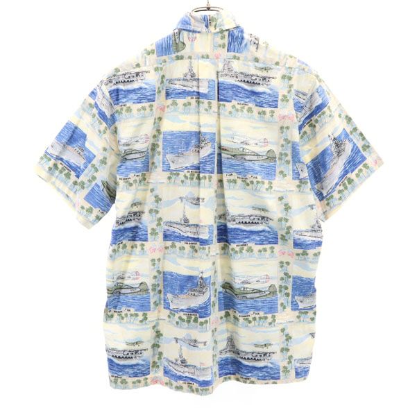 reyn spooner レインスプーナー 90s 水着タグ リバースプリント 半袖 プルオーバー ボタンダウンシャツ S アイボリー×青 メンズ