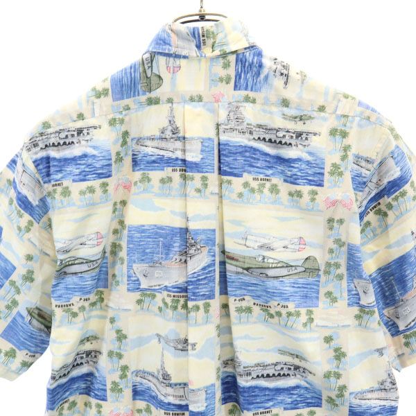 reyn spooner レインスプーナー 90s 水着タグ リバースプリント 半袖 プルオーバー ボタンダウンシャツ S アイボリー×青 メンズ