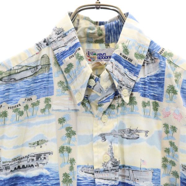 reyn spooner レインスプーナー 90s 水着タグ リバースプリント 半袖 プルオーバー ボタンダウンシャツ S アイボリー×青 メンズ