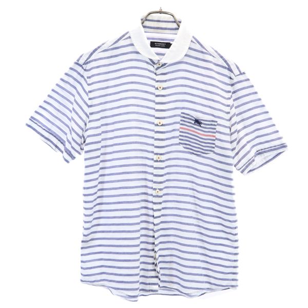 BURBERRY BLACK LABEL バーバリーブラックレーベル 三陽商会 リネンブレンド ボーダー 半袖 シャツ 2 ブルー×ホワイト メンズ