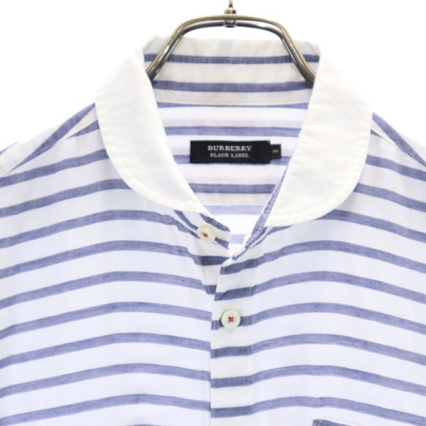 BURBERRY BLACK LABEL バーバリーブラックレーベル 三陽商会 リネンブレンド ボーダー 半袖 シャツ 2 ブルー×ホワイト メンズ