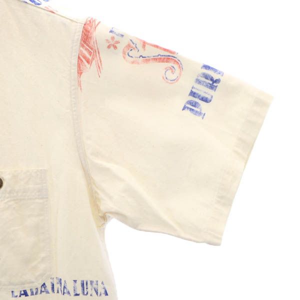 SUN SURF サンサーフ 東洋エンタープライズ ロゴ 汽車 プリント 半袖 ワークシャツ M 生成り メンズ