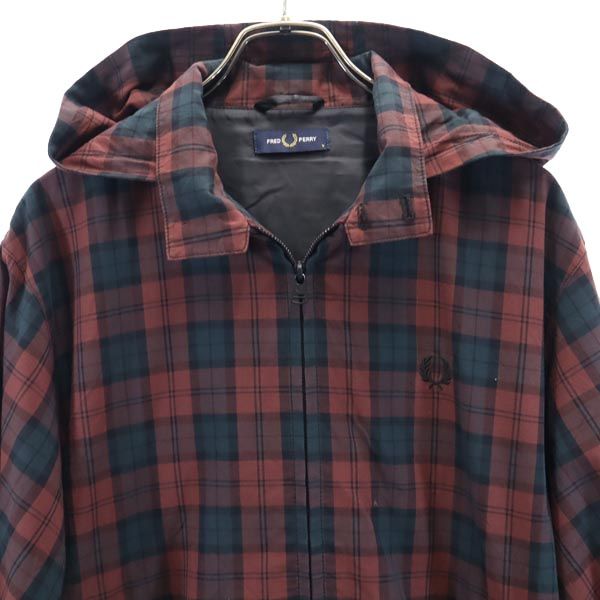 FRED PERRY フレッドペリー チェック フーデッド ジャケット M レッド系 ロゴ刺_ メンズ