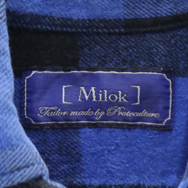 Milok ミロック 日本製 ギンガムチェック柄 長袖 シャツ S 青×黒 メンズ
