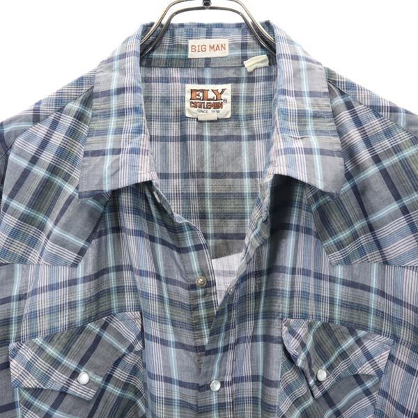 エリー 70s 80s ヴィンテージ チェック 半袖 ウエスタンシャツ 2XBIG グレー系 ELY メンズ