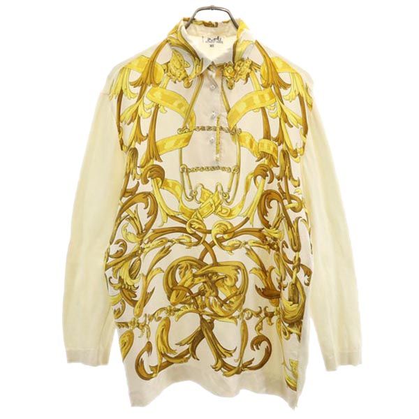 HERMES エルメス イタリア製 シルク カシミヤブレンド 長袖 ニット切替 セーター XL オフホワイト シャツ レディース