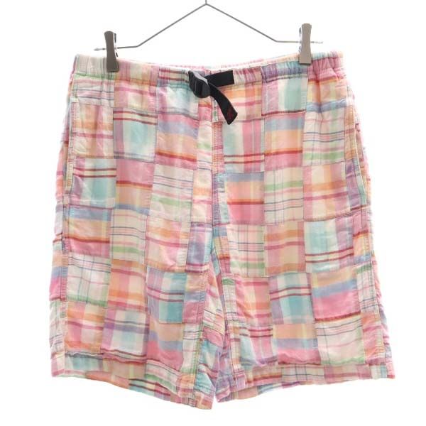 グラミチ パッチワーク風 チェック柄 アウトドアショートパンツ M ピンク系 Gramicci クライミング メンズ